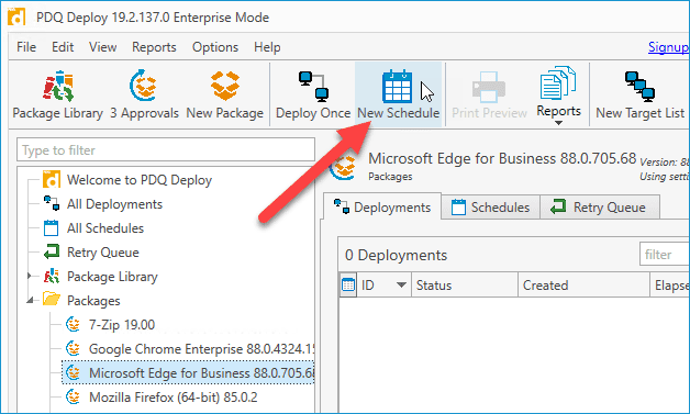 PDQ Deploy interface with the 'New Schedule' button highlighted for creating a deployment schedule.