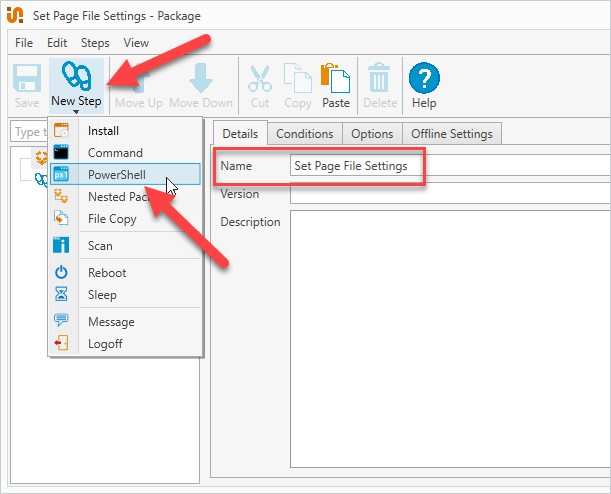 Screenshot of the PDQ Deploy UI showing New Package > New Step > PowerShell.