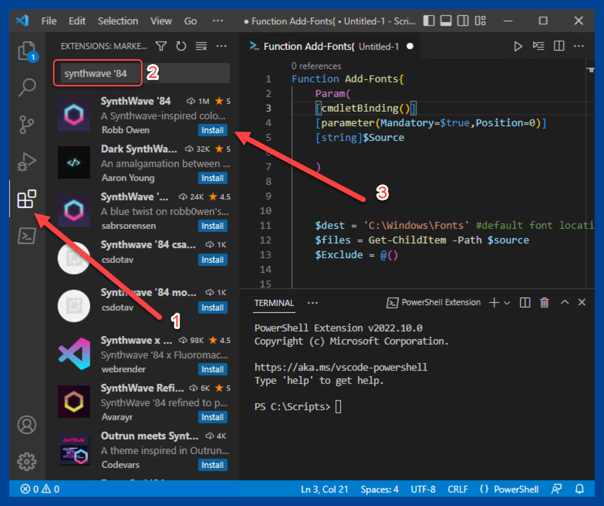 Installing the SynthWave '84 theme in VS Code