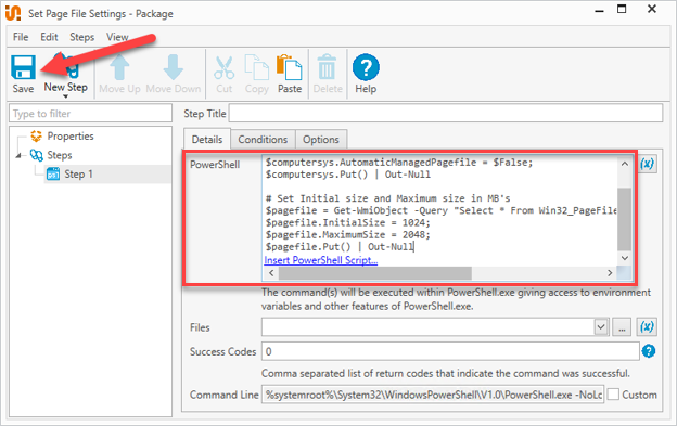 Screenshot of the PDQ Deploy UI showing the PowerShell script and the save button.