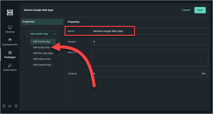 Add an install step to your PDQ Connect package.