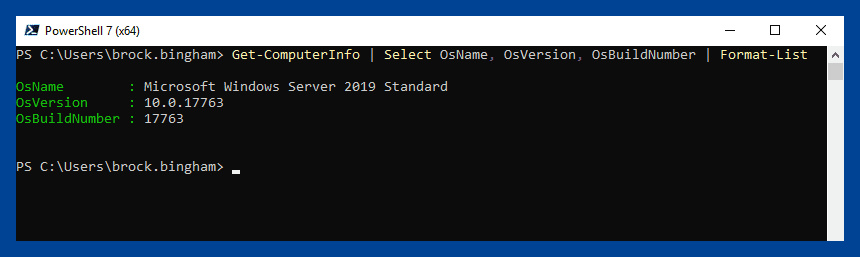 Screenshot of the PowerShell CLI showing a text-based interface with basic system commands executed in a Windows environment.