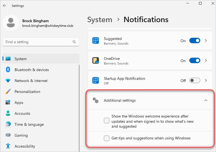 Screenshot showing the "Show the Windows welcome experience…" and "Get tips and suggestions…" settings in Settings > Notifications > Additional settings.