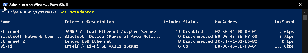 Get-NetAdapter PowerShell cmdlet results.