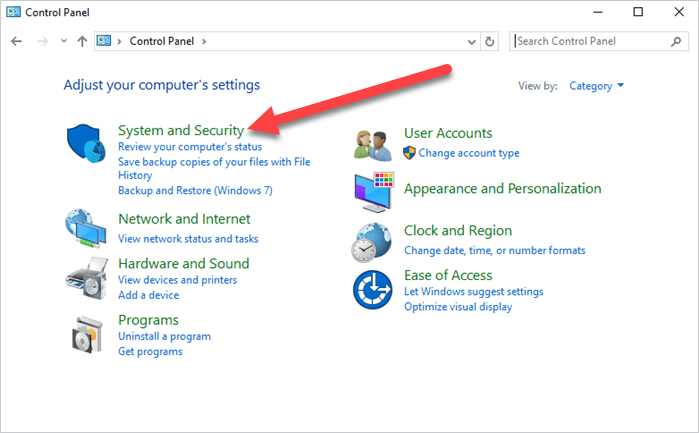 Navigating to the services window through Control Panel using the System and Security link.