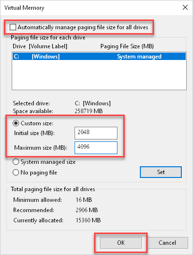 Uncheck automatically manage paging file size and configure a custom file size.