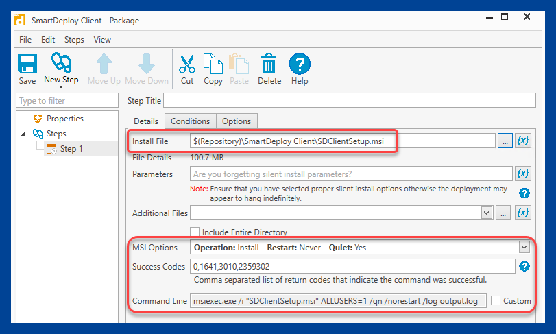 Enter the path to the SmartDeploy client in the Install File field.