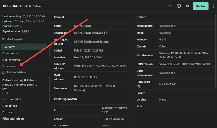 PDQ Connect device page with an arrow pointing to the Processes tab in the left navigation.