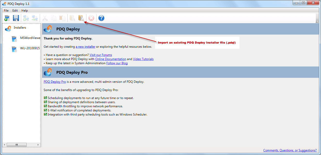 Import an existing PDQ Deploy installer file .pdql