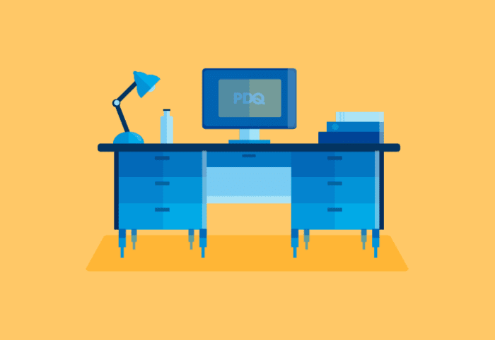 Illustration of computer desk and monitor with PDQ logo