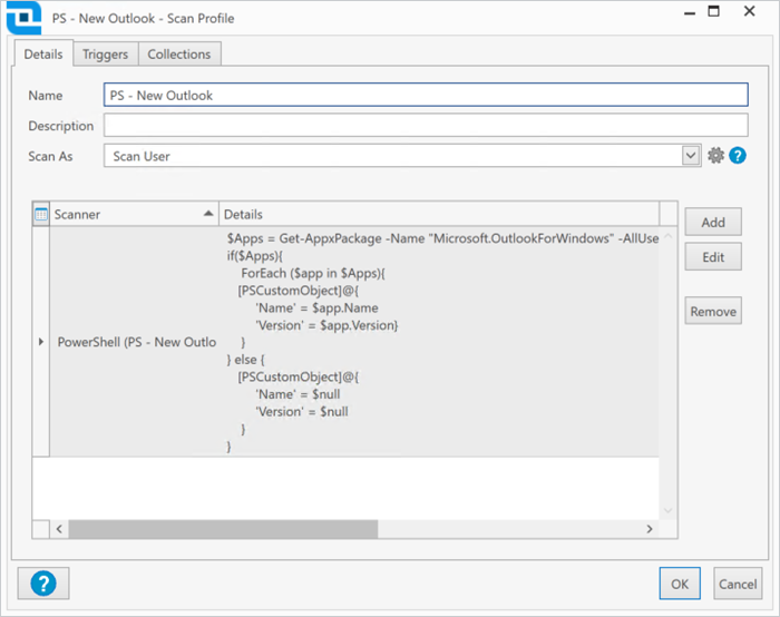 Configuring a scan profile for the new Outlook PowerShell scanner.