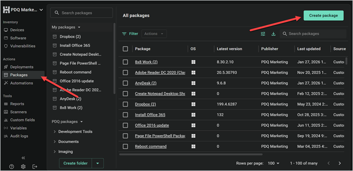 PDQ Connect interface showing Packages tab with Create package button highlighted to start a Robocopy deployment.