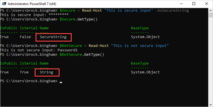 This images shows an example of how the -AsSecureString parameter works with Read-Host in PowerShell.