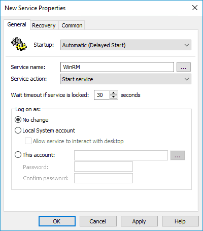 Screenshot of the "New Service Properties" window.