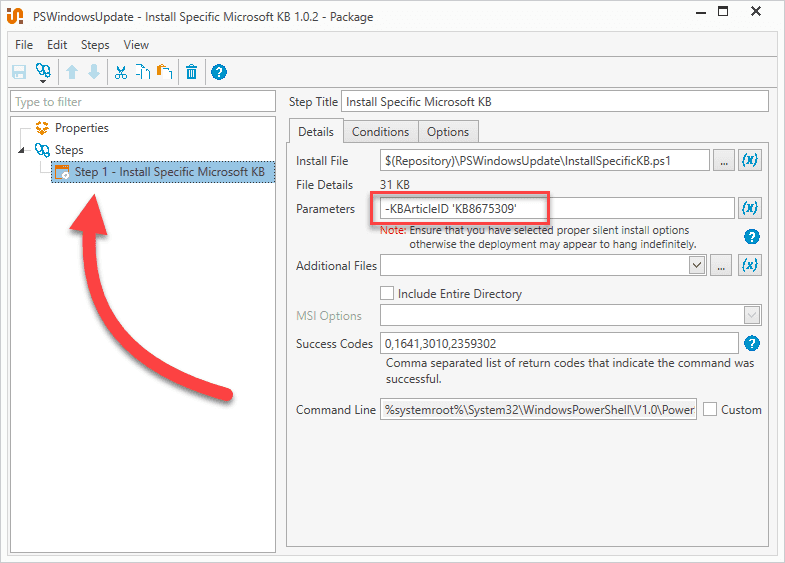 Modify the parameters with the KB number you want to install.
