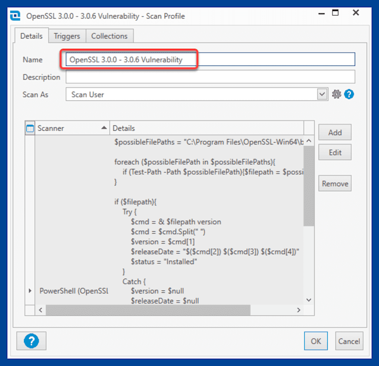 Creating an OpenSSL vulnerability scan profile in PDQ Inventory.