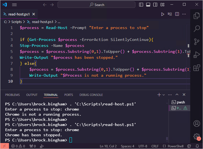 This example shows how to stop a process using the provided user input in PowerShell.