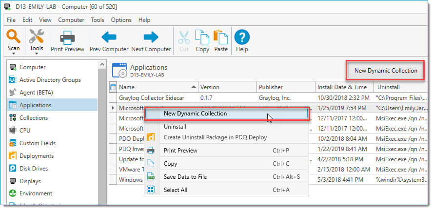 Image of the product console and selecting the option for a new dynamic collection