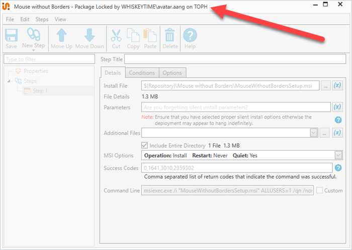 Displaying a locked package in PDQ Central Server mode.