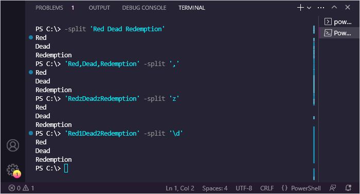 This is a PowerShell script that demonstrates the uses of the -split command.