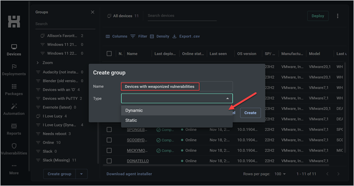 Screenshot showing the "Create group" window in the PDQ Connect interface with the name "Devices with weaponized vulnerabilities" inputted and "Dynamic" selected for "Type."