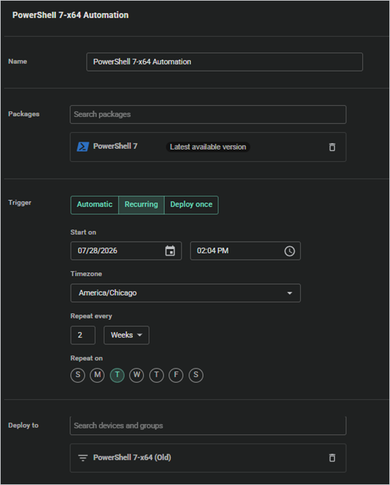 PDQ Connect automation scheduled to deploy the latest PowerShell 7 package every two weeks.