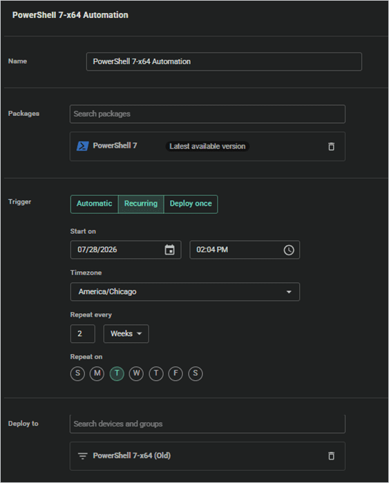 PDQ Connect automation scheduled to deploy the latest PowerShell 7 package every two weeks.