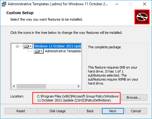 Custom setup screen of the Administrative Templates installer showing installation location for policy definitions.