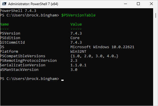 Using the built in PowerShell variable $PSVersionTable to display what version of PowerShell you're running.