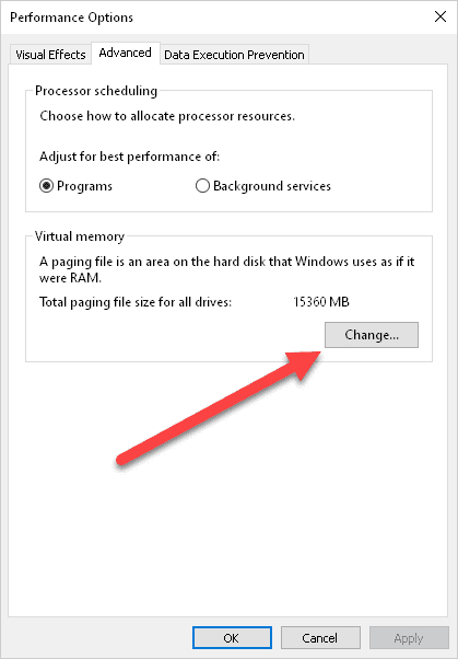 Open the virtual memory settings menu.