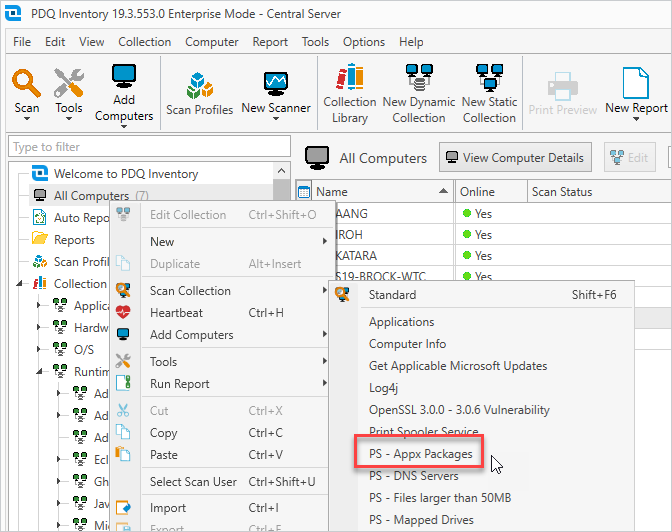 Selecting the APPX PowerShell scanner to run against your devices.