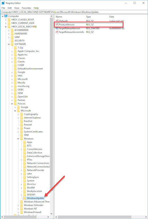 Screenshot of ProductVersion in the Registry Editor window.