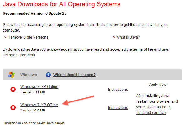 Download the offline Java installer for silent installations