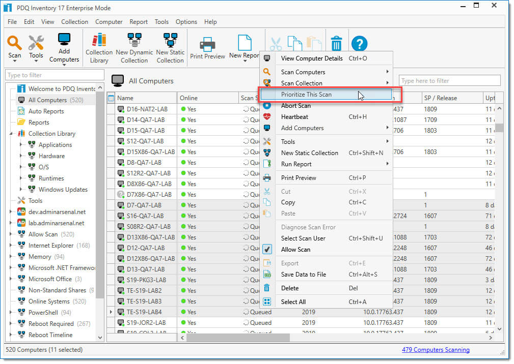 PDQ Inventory 17 product screen shot of a new ability to prioritize queued scans 