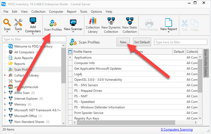 Adding a new Scan Profile in PDQ Inventory.