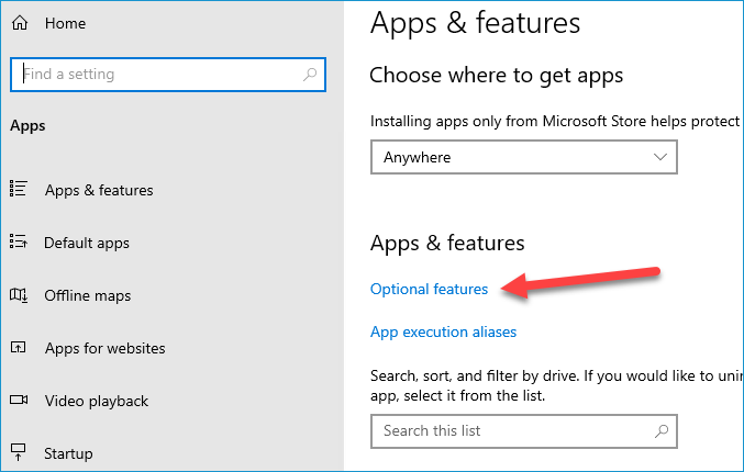Screenshot of finding optional features in the Apps section.