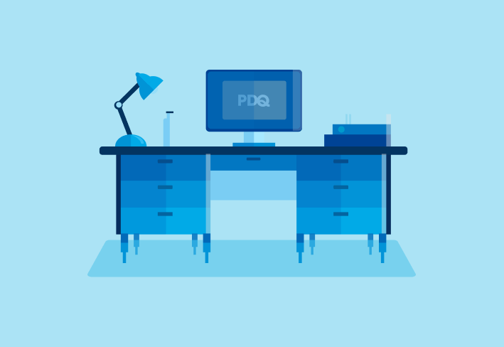 Illustration of computer desk and monitor with PDQ logo