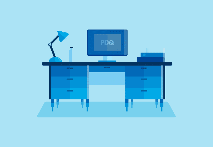 Illustration of computer desk and monitor with PDQ logo