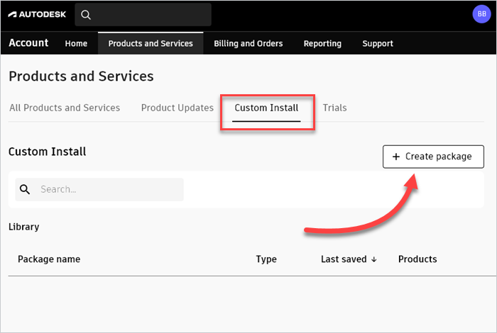 Navigating to the custom install package creator on the Autodesk website.