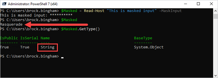 This image shows an example of using the -MasInput parameter with the Read-Host cmdlet.