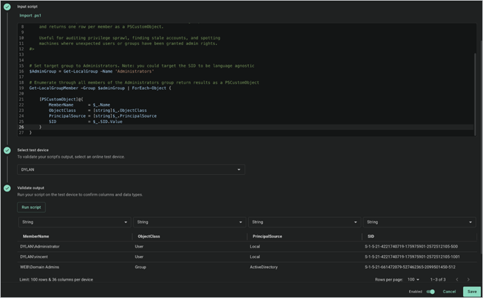 PDQ Connect custom scanner validating a PowerShell script that returns local and Active Directory administrator group members.