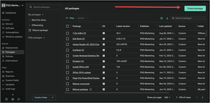 PDQ Packages page with the Create package button highlighted.