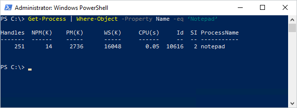 A PowerShell script that returns the Notepad process using the Where-Object filtering cmdlet.