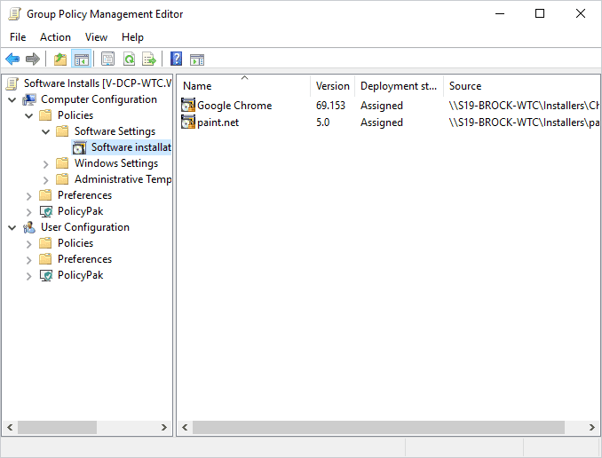 Group Policy console displaying an assigned MSI software package ready for deployment