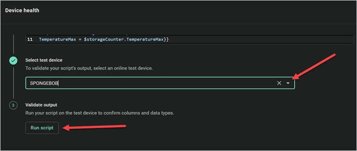 PDQ Connect scanner setup showing a selected test device and the Run script button.
