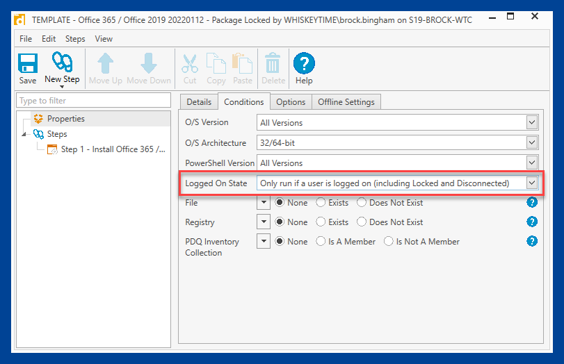 Package logged on state configuration set to only run if a user is logged on.