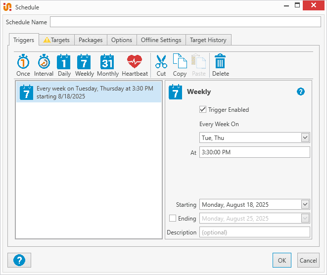 PDQ Deploy Schedule editor with a weekly trigger set for Tuesday and Thursday at 3:30 PM.