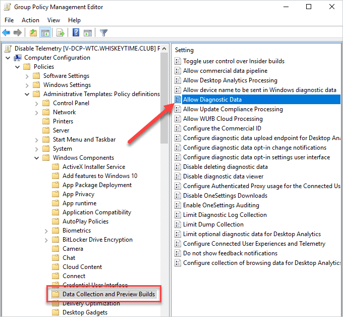 Disabling diagnostic data using Group Policy.