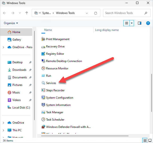 An image highlighting the services link in Windows Tools.
