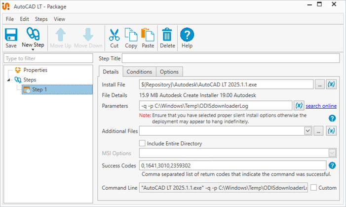 Adding an install step to an Autodesk package in PDQ Deploy.